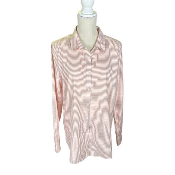 Garnet Hill Essential Cotton Shirt Women's 12 Long Sleeve Button Up Striped Pink - Picture 2 of 9